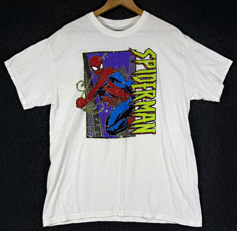 Marvel Spider-Man Mens Large White Graphic T Shirt Comic Superhero Y2K Style